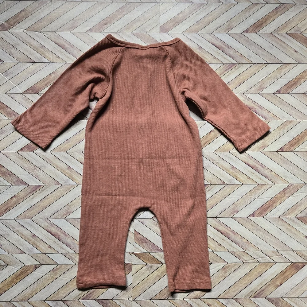 Baby Boy Girl Ribbed Neutral Long Sleeve Front Button Cotton Jumpsuit 0-3 Months
